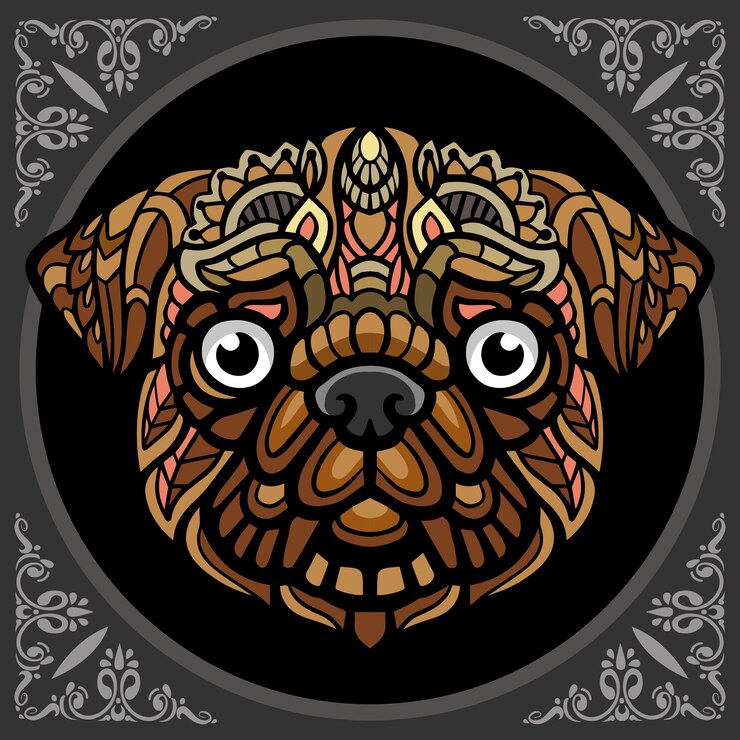 Vector colorido de cabeza de perro artes zentangle aislado sobre fondo negro