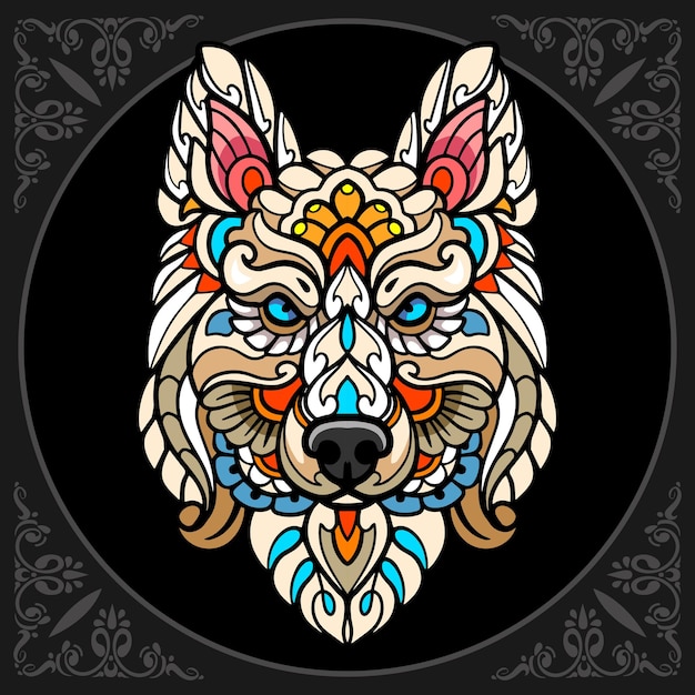 Colorido cabeza de perro artes zentangle aislado sobre fondo negro