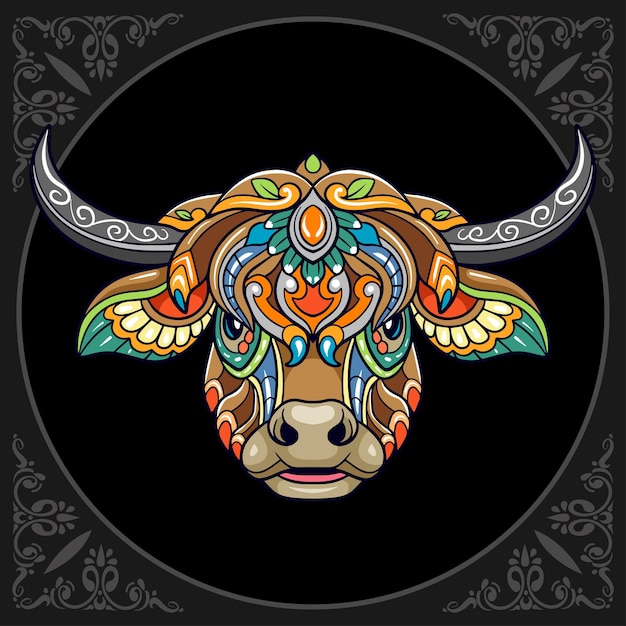 Vector colorido cabeza de vaca artes mandala aislado sobre fondo negro