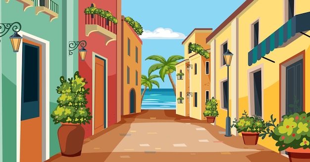 Vector el colorido callejón mediterráneo junto al mar