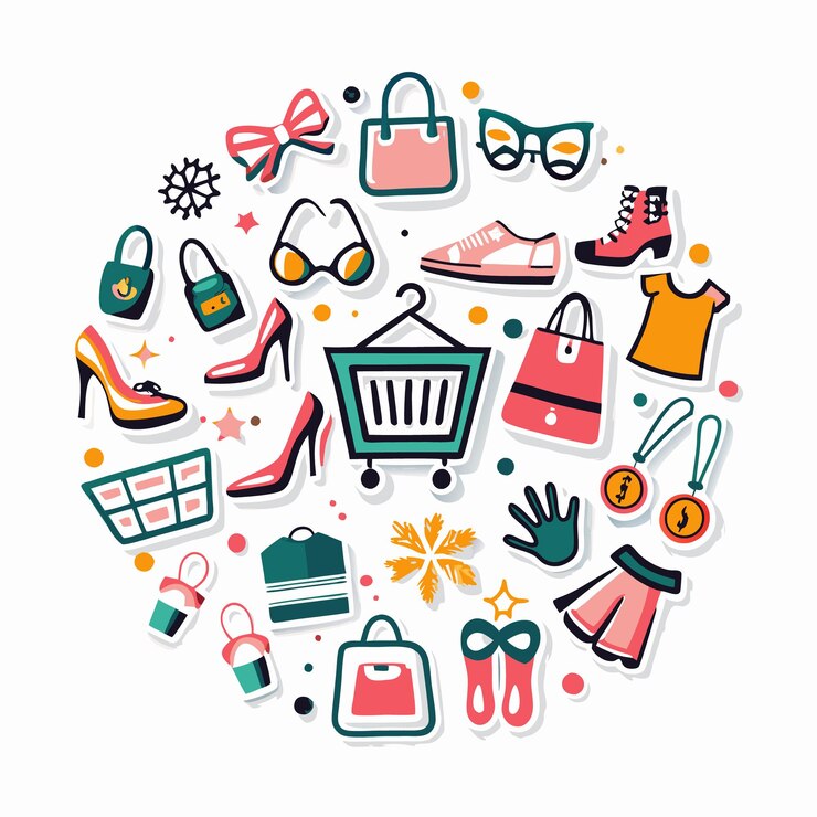 Vector un colorido carrito de compras con varios artículos en un diseño circular