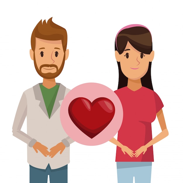Vector colorido cartel medio cuerpo pareja barbudo hombre y mujer con icono de corazón amor
