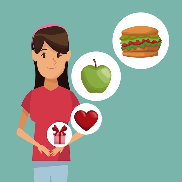 Vector colorido cartel medio cuerpo registro peinado mujer e icono de elementos alimentos saludables regalos