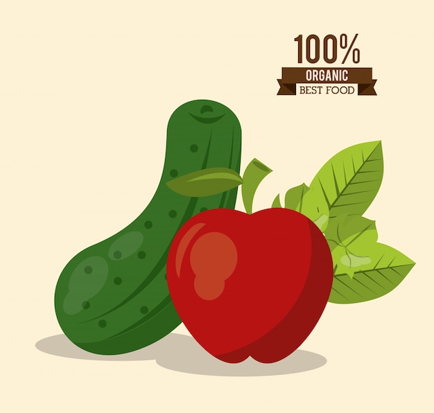 Colorido cartel de la mejor comida orgánica con pepino y manzana