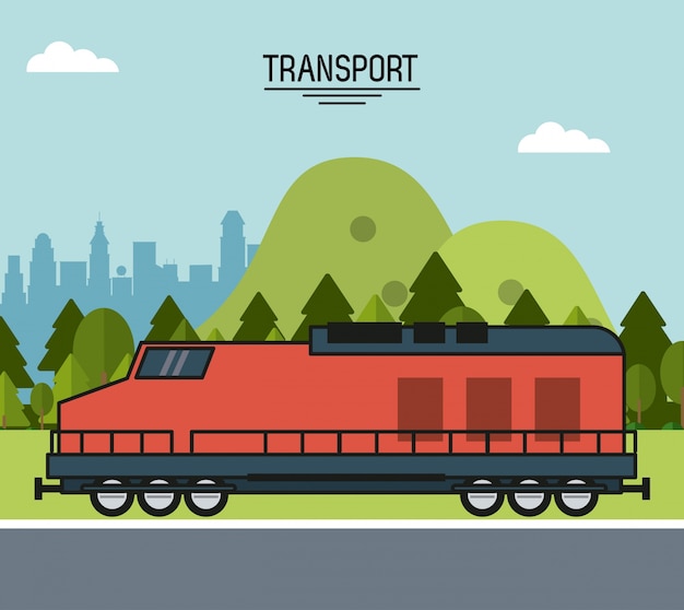 Vector colorido cartel con tren en las afueras de la ciudad