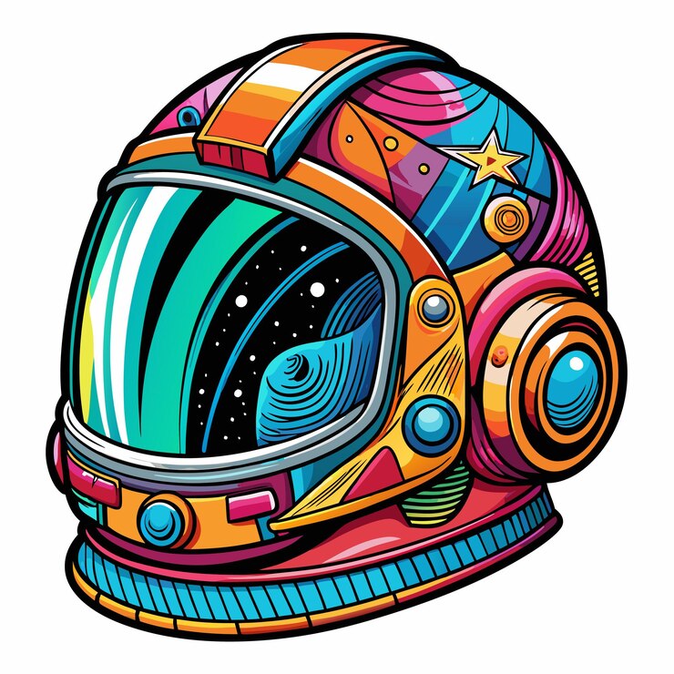 Vector colorido casco espacial vintage con diseño cósmico en ilustración vectorial de estilo retro