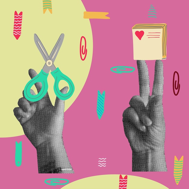 Un colorido collage con manos sosteniendo plátanos en un juego de fondo rosa y amarillo