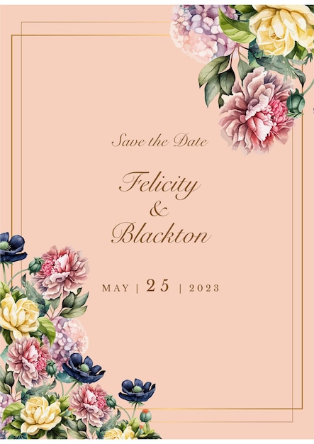 colorido colorido floral vector de flores hermosas flores de oro arte de línea en la tarjeta de boda plantilla acuarela