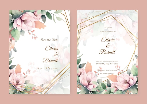 colorido colorido floral vector de flores hermosas flores de oro arte de línea en la tarjeta de boda plantilla acuarela