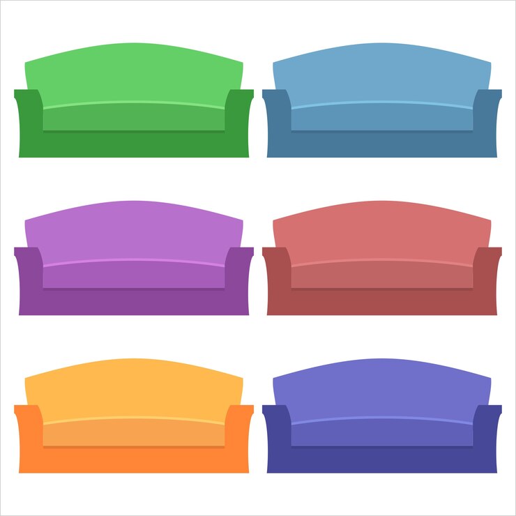 Vector colorido, cómodo, largo, sofás, elemento, icono, juego, activo, plano, ilustración
