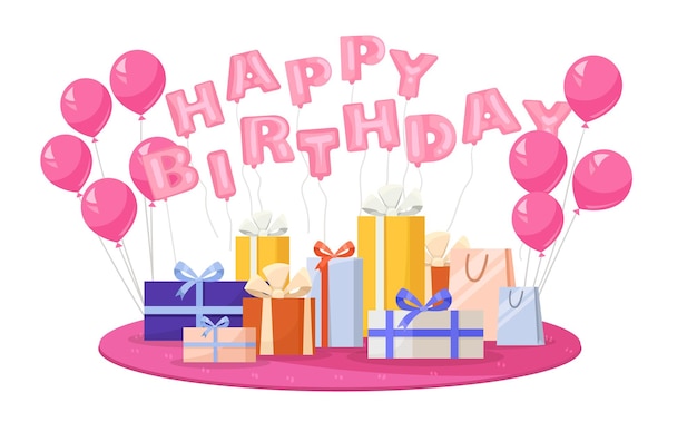 Colorido concepto de celebración de cumpleaños con regalos de globos y letras de feliz cumpleaños en un fondo blanco ilustración vectorial ilustración vector