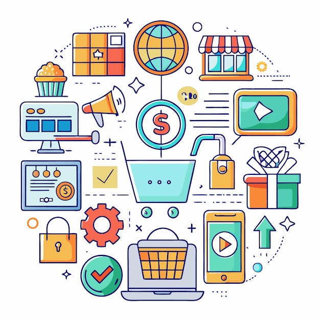 Colorido concepto de compras en línea con íconos