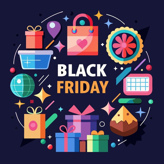 Colorido concepto de venta del Viernes Negro con regalos y bolsas de compras