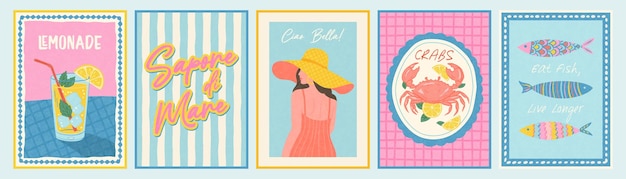 Colorido concepto de verano mediterráneo con limonada texto italiano en fondo a rayas mujer elegante