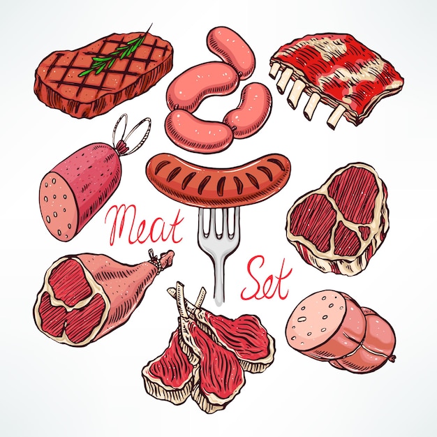 Colorido conjunto de apetitosos productos cárnicos. ilustración dibujada a mano
