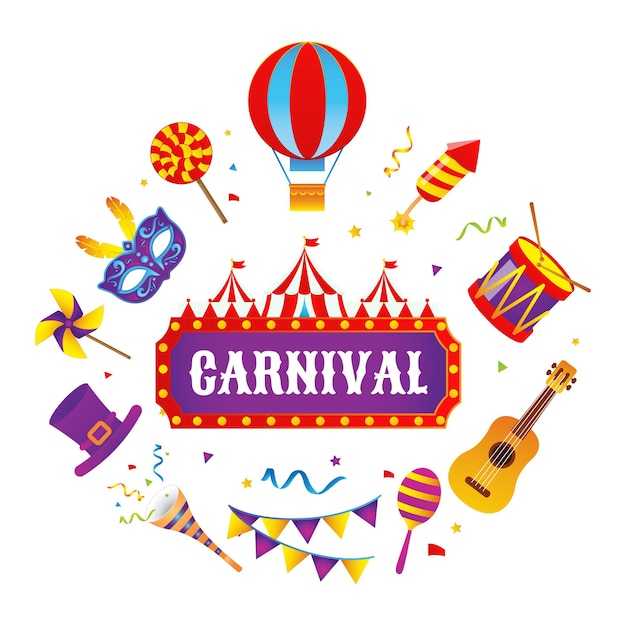 colorido conjunto de artículos de carnaval y varios instrumentos musicales