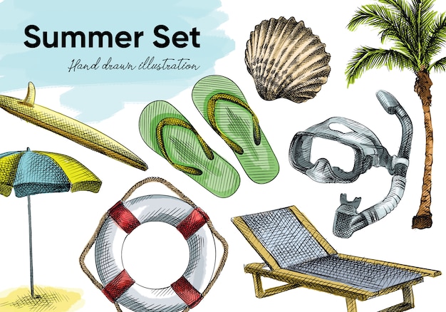 Vector colorido conjunto de bocetos dibujados a mano acuarela de herramientas de vacaciones de verano. el juego incluye tumbona, sombrilla, máscara de buceo, palmera, salvavidas, tabla de surf, cóctel, chanclas, berberecho