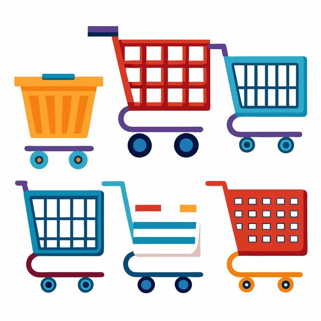 El colorido conjunto de carros de compras es perfecto para los diseños minoristas de comercio electrónico