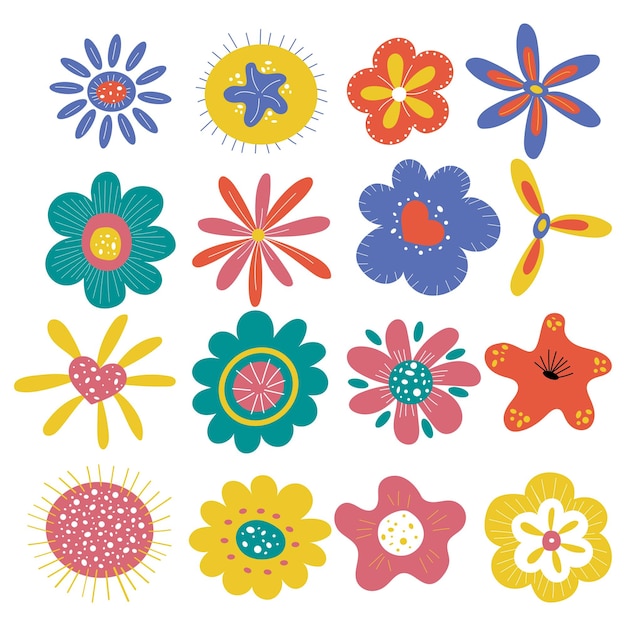 Colorido conjunto de flores fantásticas dibujadas a mano Diseño vectorial elementos florales doodle
