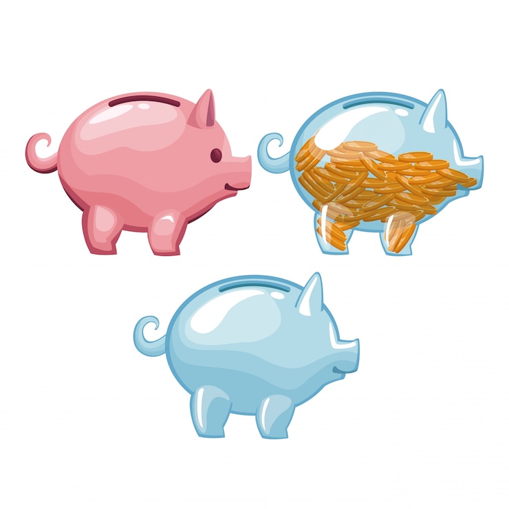 Vector colorido conjunto hucha de dinero con monedas y vacío