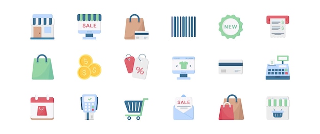 Un colorido conjunto de iconos de compras diseñado para el comercio electrónico que muestra varios elementos