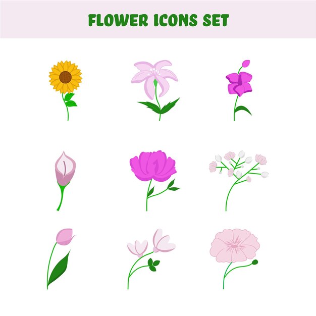 Colorido conjunto de iconos de flores en estilo plano