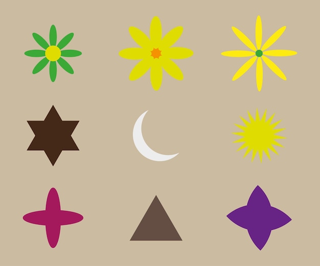 Un colorido conjunto de iconos de flores, estrellas, luna y formas geométricas.