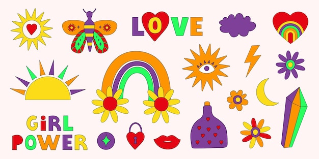 Colorido conjunto de iconos hippie retro vintage en estilo 70s80s Ilustración de vector de moda