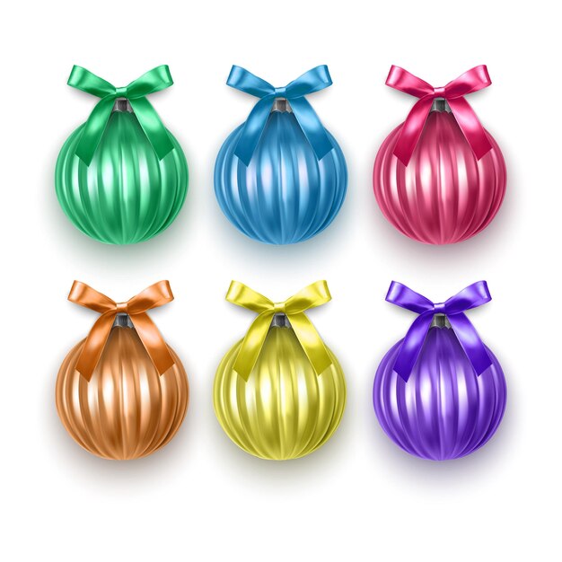 Colorido conjunto de juguetes de árbol de Navidad aislado sobre un fondo blanco Adornos navideños de almacenamiento