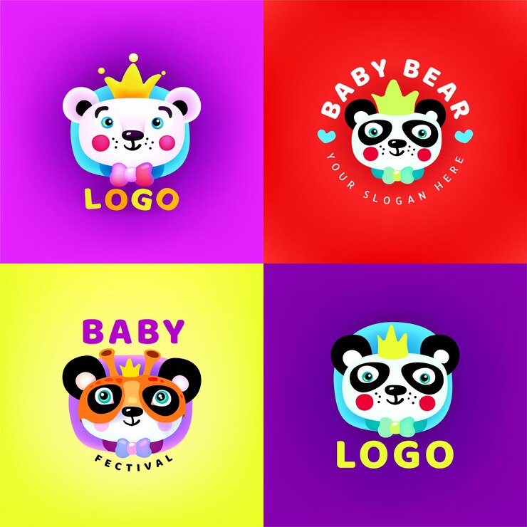 Colorido conjunto de logotipos de osos bebés Logotipo Lindo oso panda de dibujos animados con una corona Vector eps 10