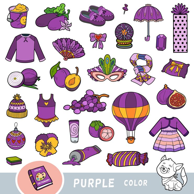 Vector colorido conjunto de objetos de color púrpura diccionario visual para niños sobre los colores básicos