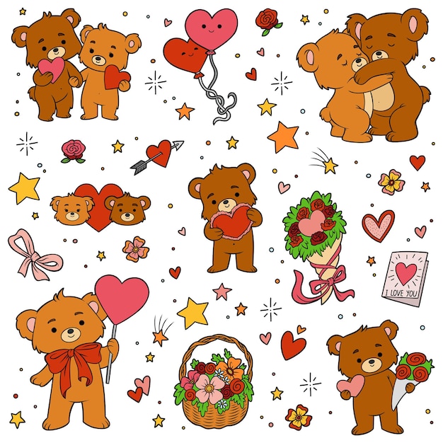 Colorido conjunto de osos del amor. Colección de personajes del día de San Valentín de dibujos animados de vector