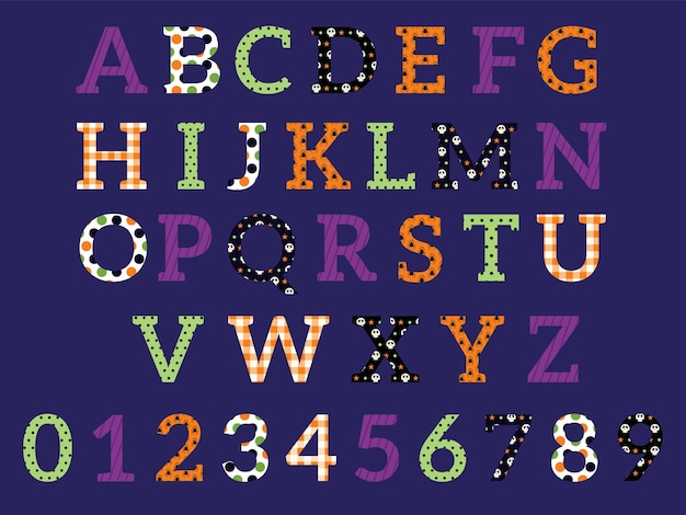 Colorido conjunto de tipografía de letras inglesas de Halloween Diseño decorativo niños alfabeto y nombers para fiesta Puntos cráneo estrellas rayas Elementos de patrón