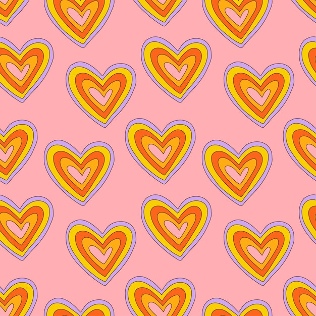 Colorido corazón maravilloso de patrones sin fisuras divertido estampado retro multicolor para papel de tela y diseño de superficie ilustración vectorial psicodélica