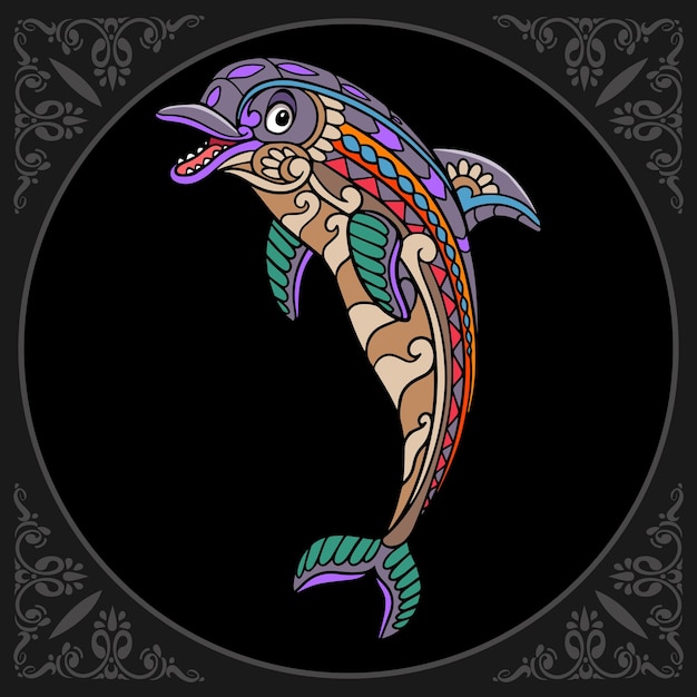 Colorido delfines zentangle artes aislado sobre fondo negro