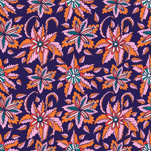 Colorido dibujado a mano garabato floral de patrones sin fisuras. Flores de fantasía tropical abstracta, hojas