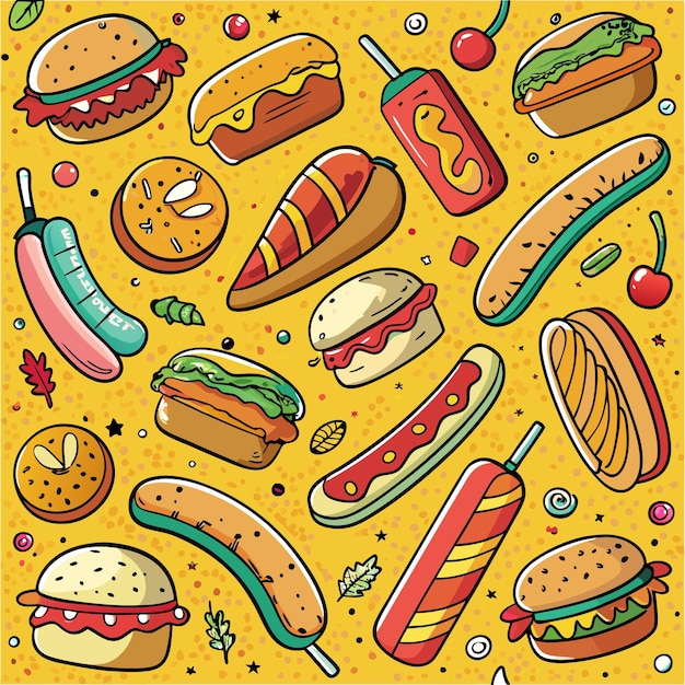 Colorido dibujo animado de comida rápida patrón sin costuras con varias hamburguesas perritos calientes y papas fritas en fondo amarillo