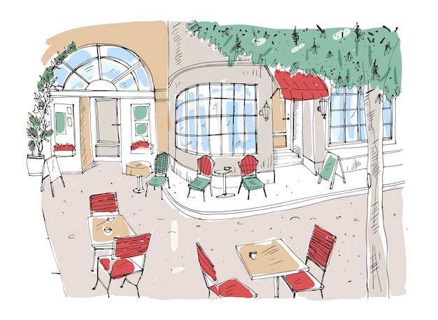 Colorido dibujo aproximado de café al aire libre, restaurante o cafetería con mesas y sillas de pie en la calle de la ciudad al lado del hermoso edificio con grandes ventanas panorámicas. Dibujado a mano ilustración.