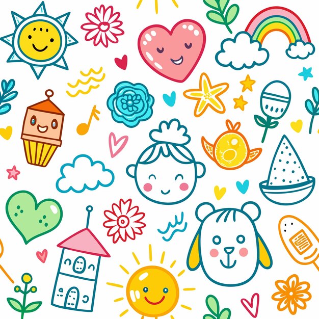 Colorido dibujo sin costuras con personajes de dibujos animados lindos corazones estrellas flores y arco iris