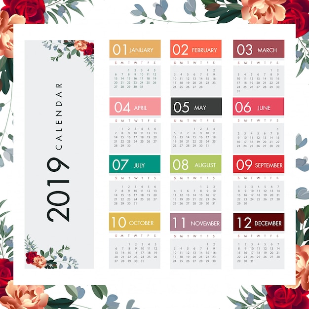 Vector colorido diseño floral calendario 2019