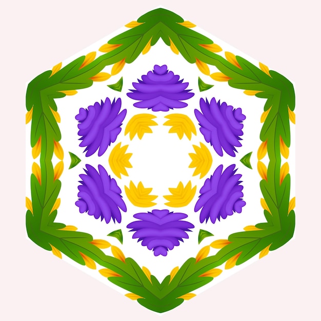 Un colorido diseño floral con una hoja verde y flores moradas.