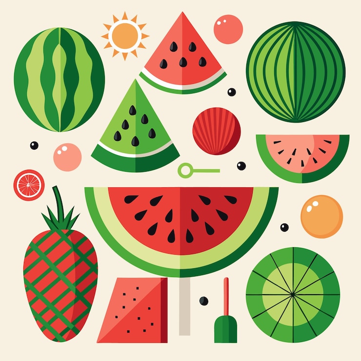Vector colorido diseño geométrico de sandía y fruta de verano