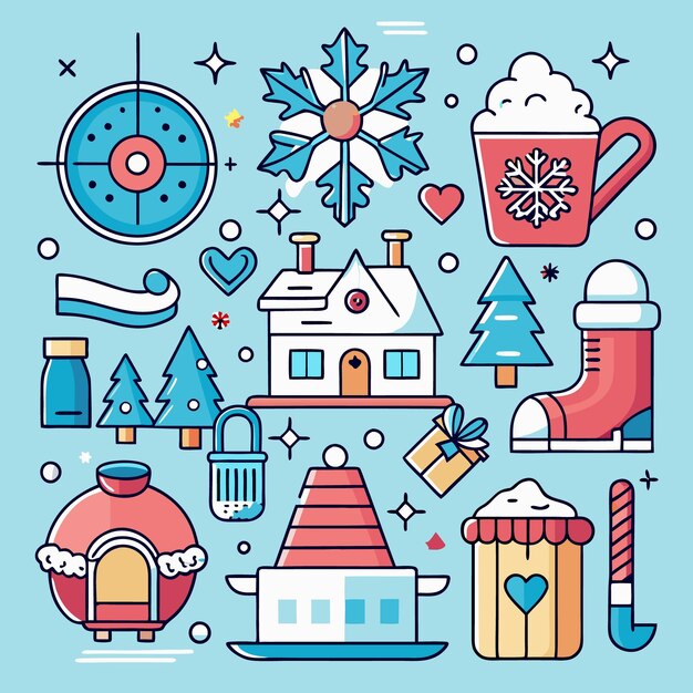 Colorido diseño de vacaciones de invierno con copo de nieve casa árbol de arranque chocolate caliente y pan de jengibre