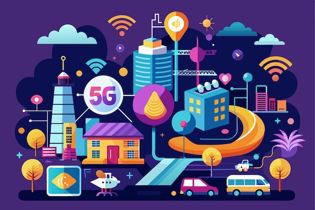 Un colorido diseño vectorial muestra una ciudad bulliciosa integrada con tecnología 5G y varios elementos de red Vector con tema de red 5G