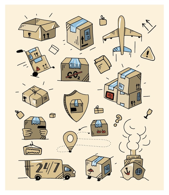 Colorido doodle delivery set colección de logística de esquema elementos de transporte dibujados a mano