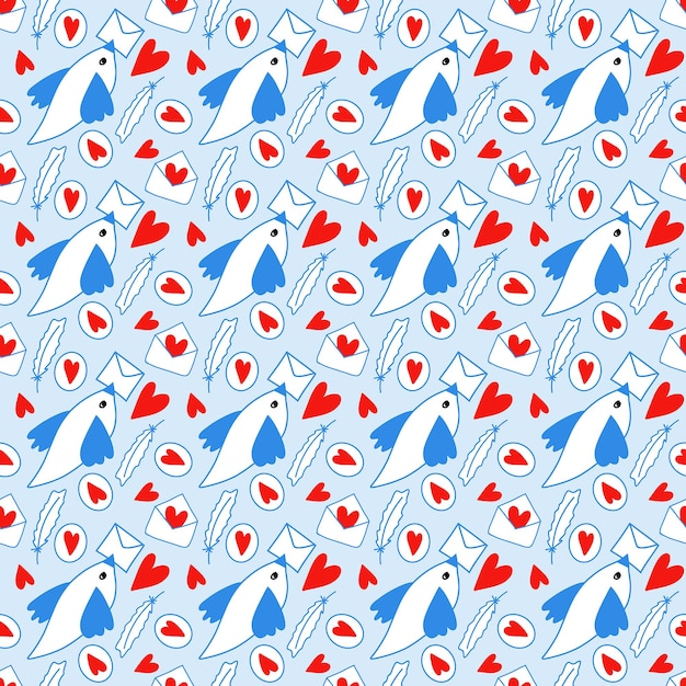 Colorido doodle vector de patrones sin fisuras con pájaros azules, corazones rojos y plumas