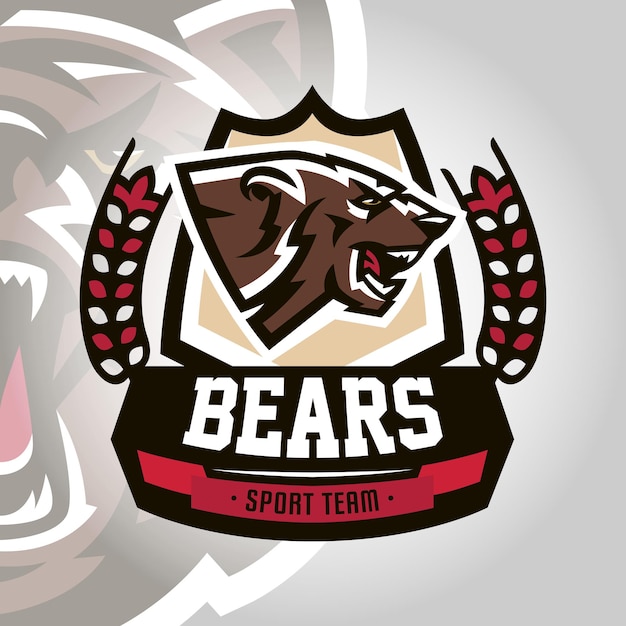 Colorido emblema logo gruñendo y listo para atacar oso grizzly peligroso depredador el bosque habitante ilustración vectorial estilo dinámico y deportivo impreso en camisetas
