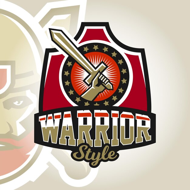 Colorido emblema logo pegatina mano sosteniendo un club de guerreros de espada Impresión de ilustración vectorial en camisetas