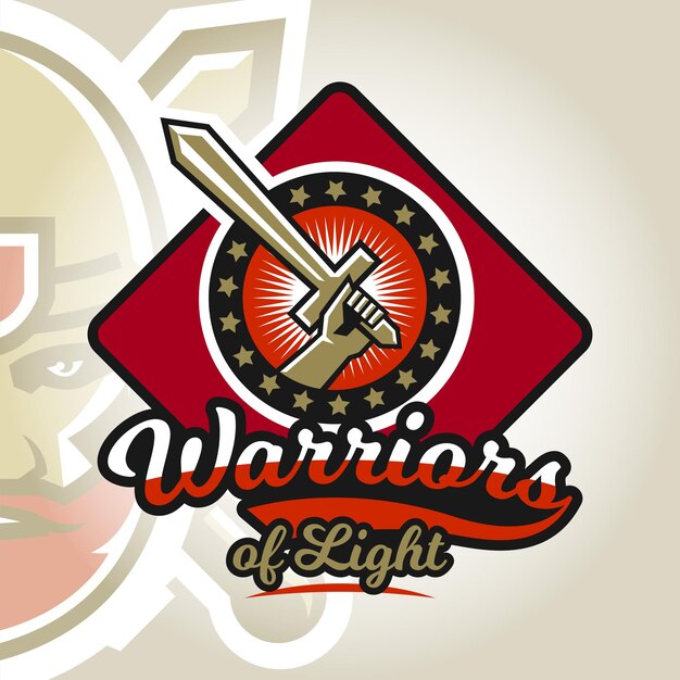 Colorido emblema logo pegatina mano sosteniendo un club de guerreros de espada Impresión de ilustración vectorial en camisetas