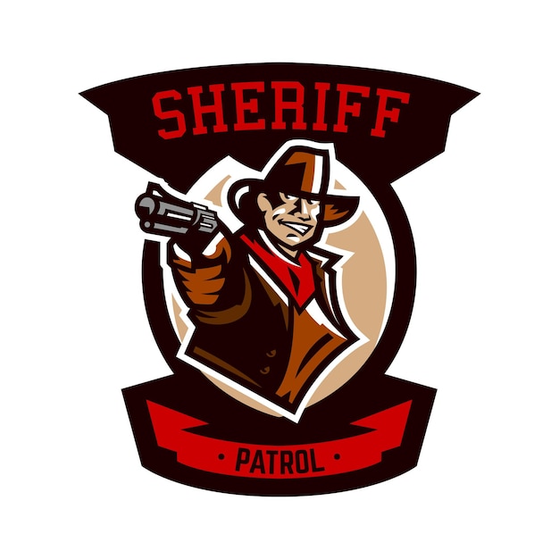 Colorido emblema logo vaquero sosteniendo un revólver Wild West un bandido un ladrón un sheriff un tiroteo Ilustración vectorial